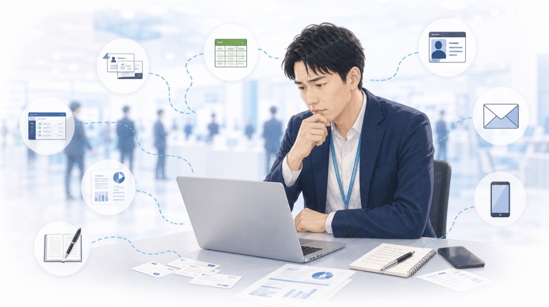 紙資料や名刺の情報が分散し、営業フォローが遅れている様子